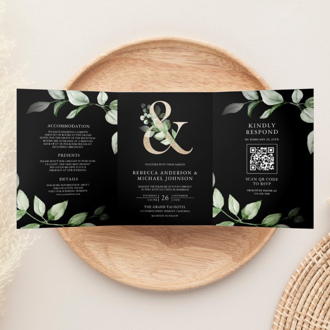 Invitation Trois Volets Sage Greenery Gold Ampersand QR Code Mariage noir (Créateur téléchargé)
