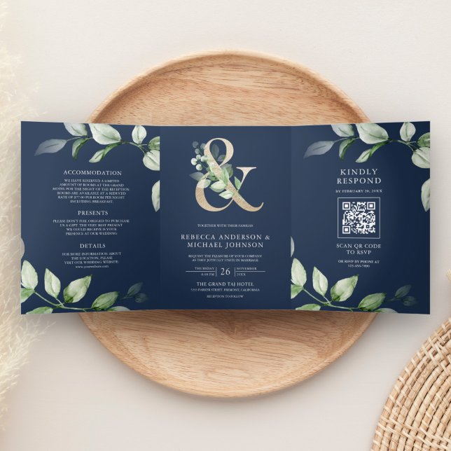 Invitation Trois Volets Sage Greenery Gold Esperluette QR Code Mariage Nav (Créateur téléchargé)
