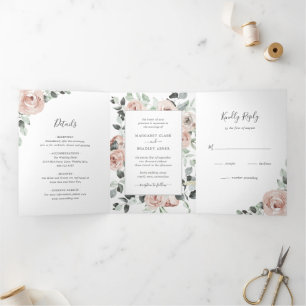 Invitation Trois Volets Sage Greenery Photo Rose Dusty Rose Floral Mariage