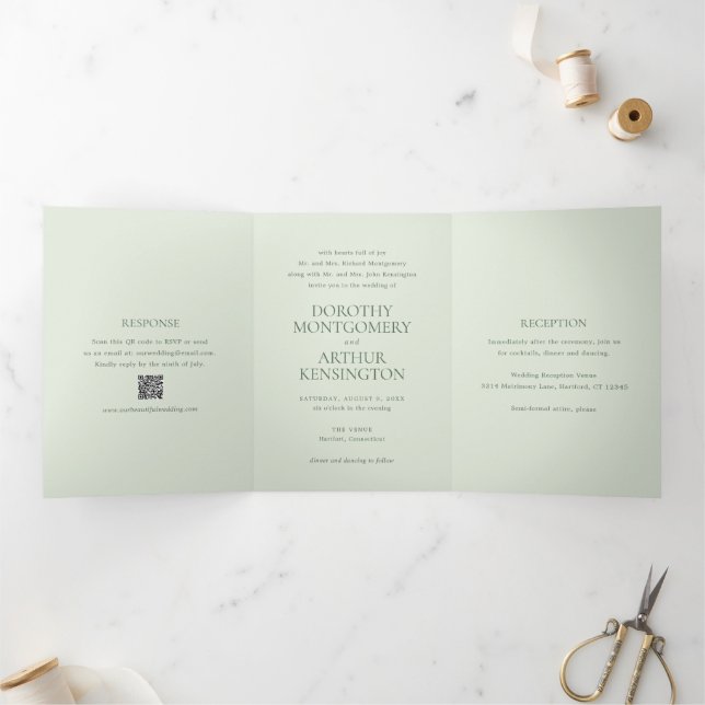 Invitation Trois Volets Sage moderne vert QR Code élégant mariage (Intérieur)