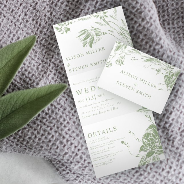 Invitation Trois Volets Sage vert ligne art fleurs photo mariage (Créateur téléchargé)