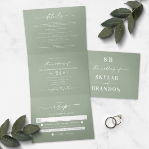 Invitation Trois Volets Sage vert minimaliste tout en un Mariage photo