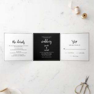 Invitation Trois Volets Script minimaliste Gras Mariage noir et blanc