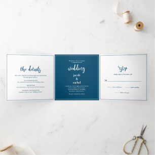 Invitation Trois Volets Script minimaliste Ocean Blue & White Mariage