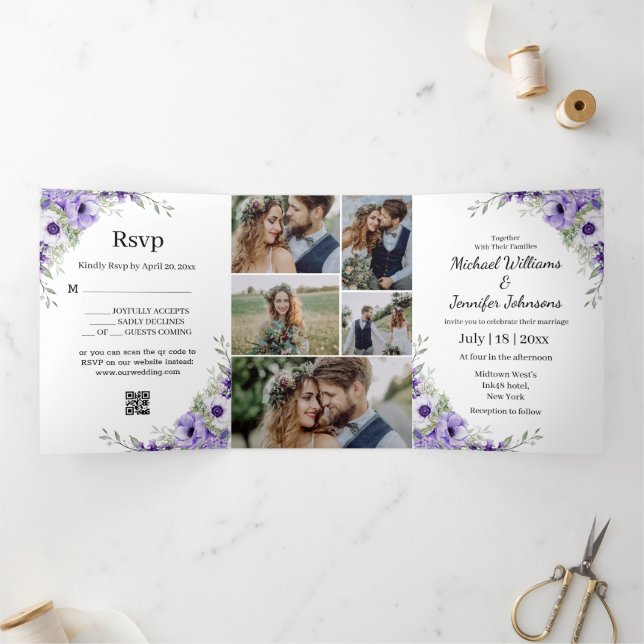 Invitation Trois Volets script moderne violet floral 5 photos mariage (Intérieur)