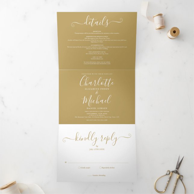 Invitation Trois Volets Signature Script Elegant Gold Photo Mariage (Intérieur)
