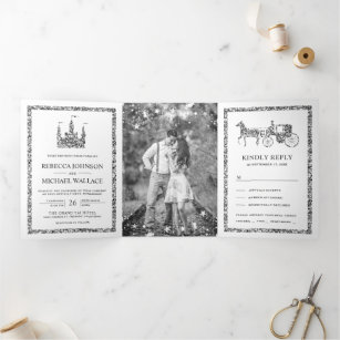 Invitation Trois Volets Silver Fairytale Castle Princess Carriage Mariage