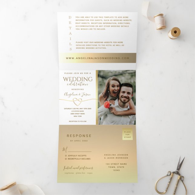 Invitation Trois Volets Simple Appel Doré Photographie Mariage (Intérieur)