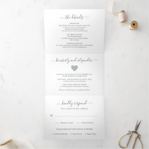 Invitation Trois Volets Simple Coeur Cute Photo Moderne Vert Sauge Mariage