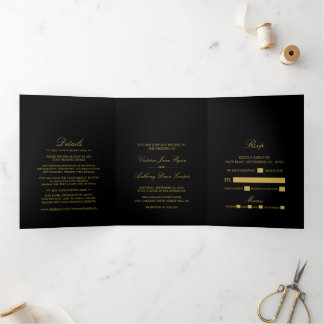 Invitation Trois Volets Simple Elegance Black & Gold Mariage Suite