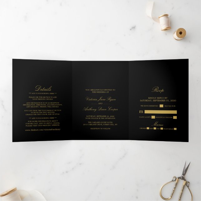 Invitation Trois Volets Simple Elegance Black & Gold Mariage Suite (Intérieur)