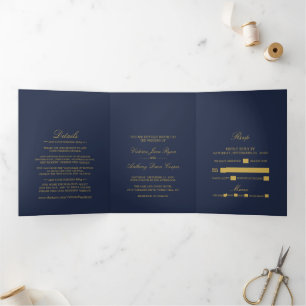 Invitation Trois Volets Simple Elegance Marine Blue & Gold Mariage Suite