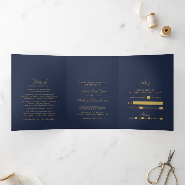 Invitation Trois Volets Simple Elegance Marine Blue & Gold Mariage Suite (Intérieur)