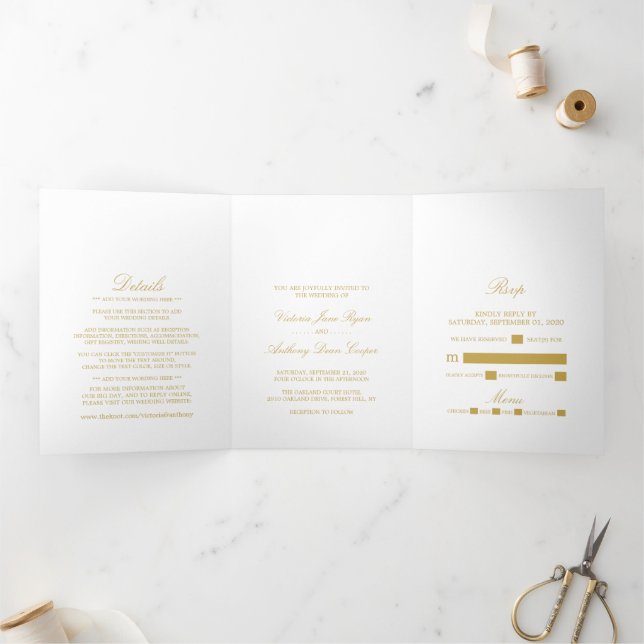 Invitation Trois Volets Simple Elegance White & Gold Mariage Suite (Intérieur)