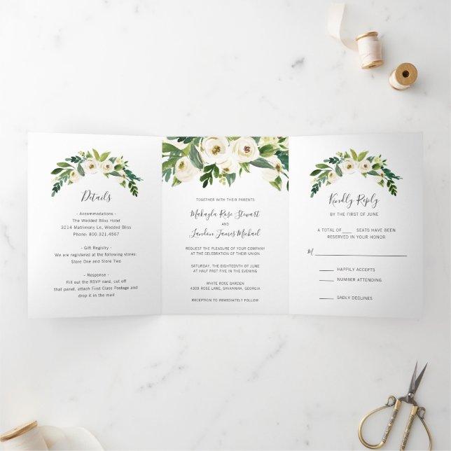 Invitation Trois Volets Simple Élégant Mariage Floral Blanc (Intérieur)