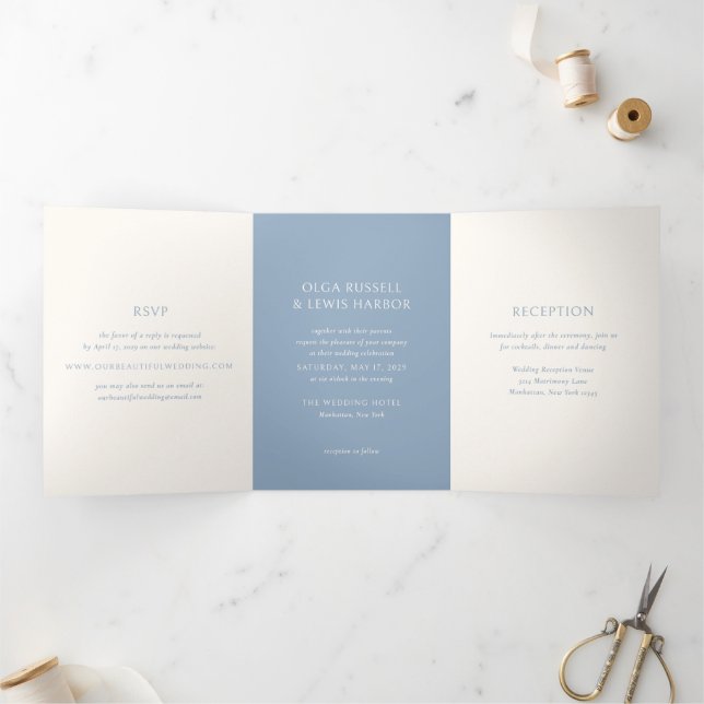 Invitation Trois Volets Simple Mariage Bleu Poussiéreux Moderne (Intérieur)