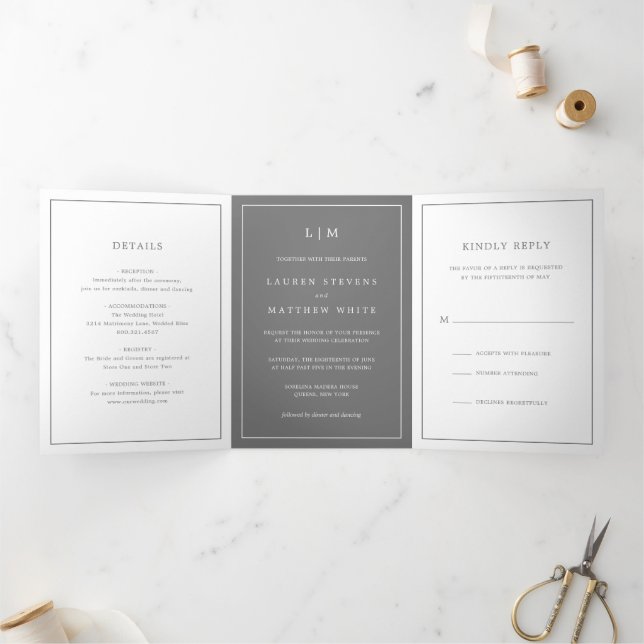 Invitation Trois Volets Simple Mariage Élégant Monogramme Gris Foncé (Intérieur)