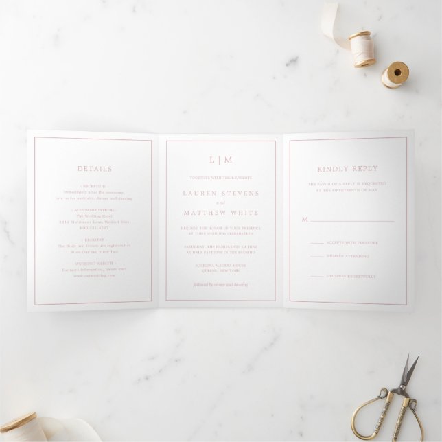 Invitation Trois Volets Simple Mariage Élégant Monogramme Rose Clair (Intérieur)