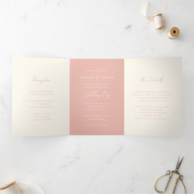 Invitation Trois Volets Simple Mariage Moderne aux Pêches (Intérieur)