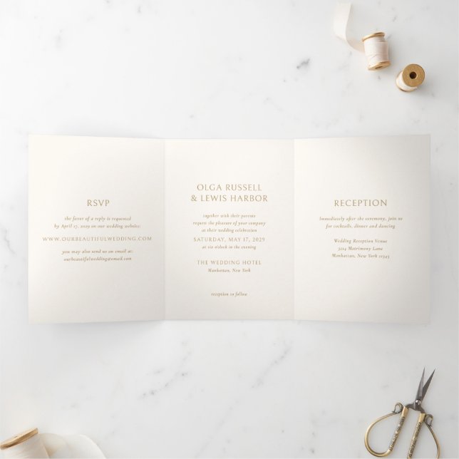 Invitation Trois Volets Simple Mariage Moderne Ivoire et Or (Intérieur)