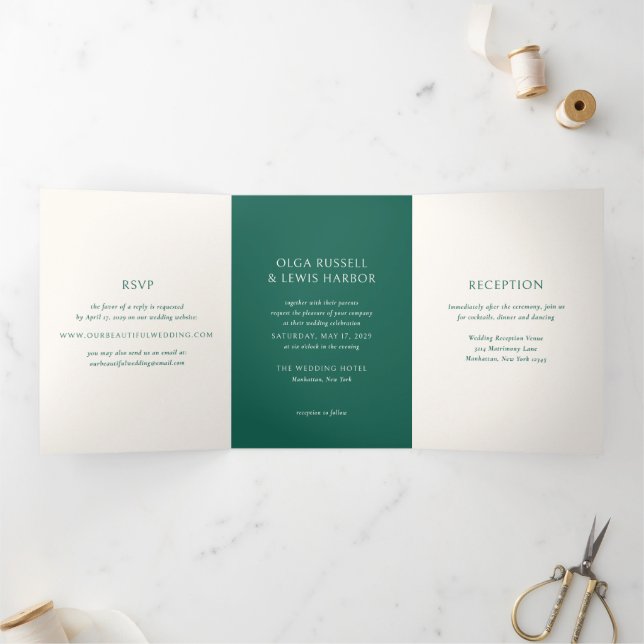 Invitation Trois Volets Simple Mariage Moderne Vert Émeraude (Intérieur)