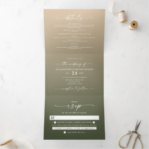 Invitation Trois Volets Simple mariage ombré vert forêt et or jaune