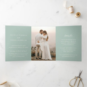 Invitation Trois Volets Simple Mariage Vert Élégant Photo