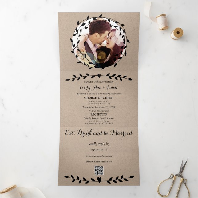 Invitation Trois Volets Simple Moderne Bohème Couronne de Mariage Feuille  (Intérieur)