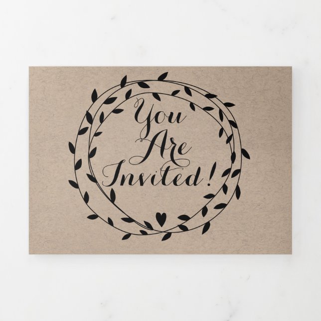 Invitation Trois Volets Simple moderne Boho Black Leaf Mariage de couronne (Page de couverture)