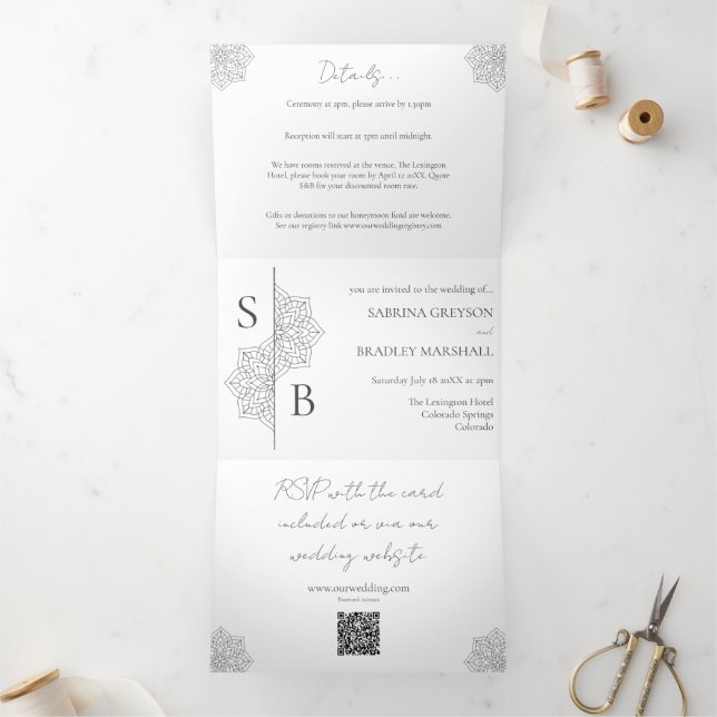 Invitation Trois Volets Simple moderne Boho Monogramme Mandala Mariage (Intérieur)