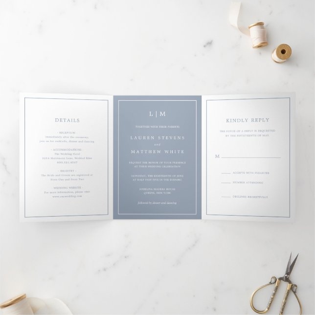 Invitation Trois Volets Simple Monogramme Bleu Poussiéreux Élégant de Mari (Intérieur)