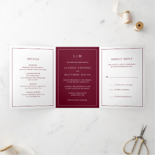 Invitation Trois Volets Simple Monogramme de Bourgogne Mariage Élégant