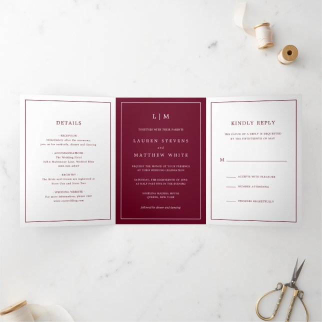 Invitation Trois Volets Simple Monogramme de Bourgogne Mariage Élégant (Intérieur)