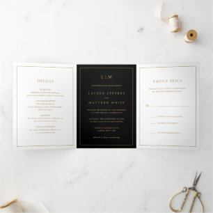 Invitation Trois Volets Simple Monogramme Noir et Or Élégant de Mariage