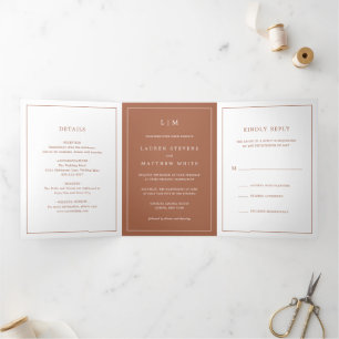 Invitation Trois Volets Simple Monogramme Terracotta Élégant de Mariage