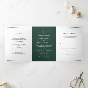 Invitation Trois Volets Simple Monogramme Vert de Forêt Mariage Élégant