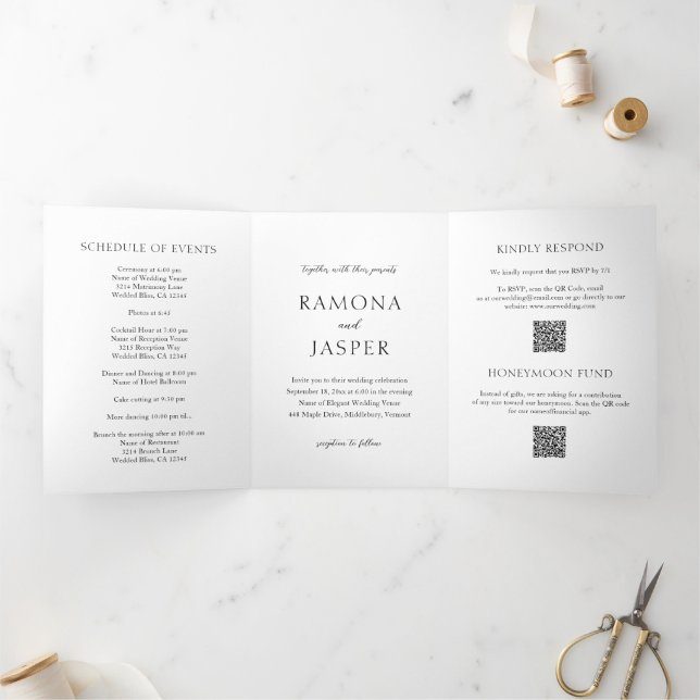Invitation Trois Volets Simple noir et blanc Gras QR Code moderne Mariage (Intérieur)