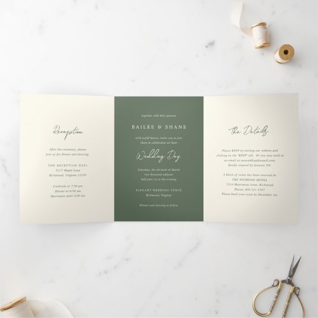 Invitation Trois Volets Simple Olive Green Mariage moderne (Intérieur)