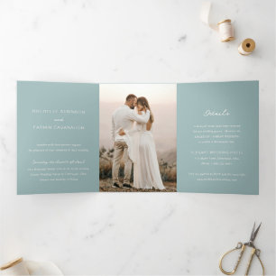 Invitation Trois Volets Simple Photo Bleu Atténué Mariage Élégant