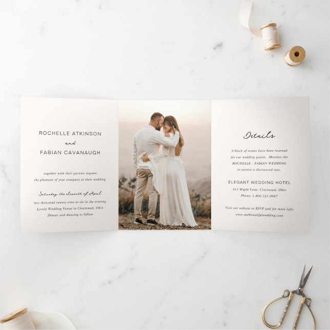 Invitation Trois Volets Simple Photo De Crème Mariage Élégant (Intérieur)