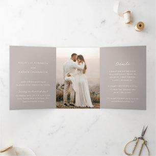 Invitation Trois Volets Simple Taupe Photo Mariage élégant