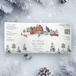 Invitation Trois Volets Snowy Red Grange hiver Noël QR Code Mariage