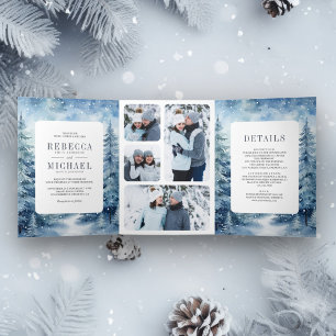 Invitation Trois Volets Snowy Winter Pine Forest Photo Collage Mariage