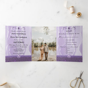 Invitation Trois Volets Soie Violette & Feuille de Violette & Perles, Diam