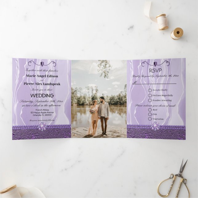 Invitation Trois Volets Soie Violette & Feuille de Violette & Perles, Diam (Intérieur)