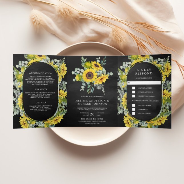 Invitation Trois Volets Soleils Rustiques Eucalyptus 3 en 1 Mariage Noir (Créateur téléchargé)