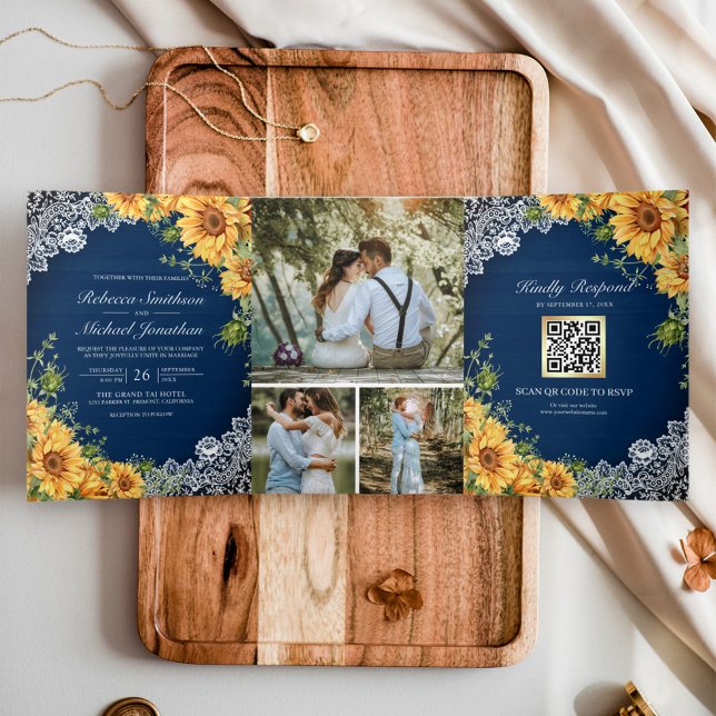 Invitation Trois Volets Soleils Rustiques Mariage Code QR Bois Bleu Marine (Créateur téléchargé)
