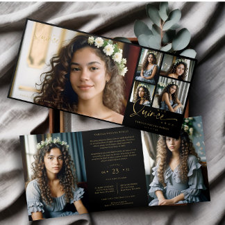 Invitation Trois Volets Spanish Black Trendy Quinceañera Collage 7 Photos