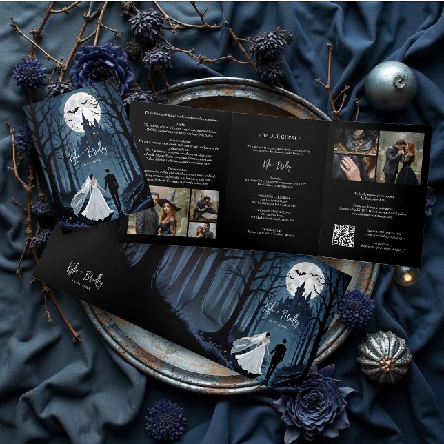 Invitation Trois Volets Spooky Forest Haunted Castle Wedding 6-Photo (Wedding Couple in Spooky Forest Toward Haunted Castle Tri-Fold Invitation with QR Code & 6-Photo.)