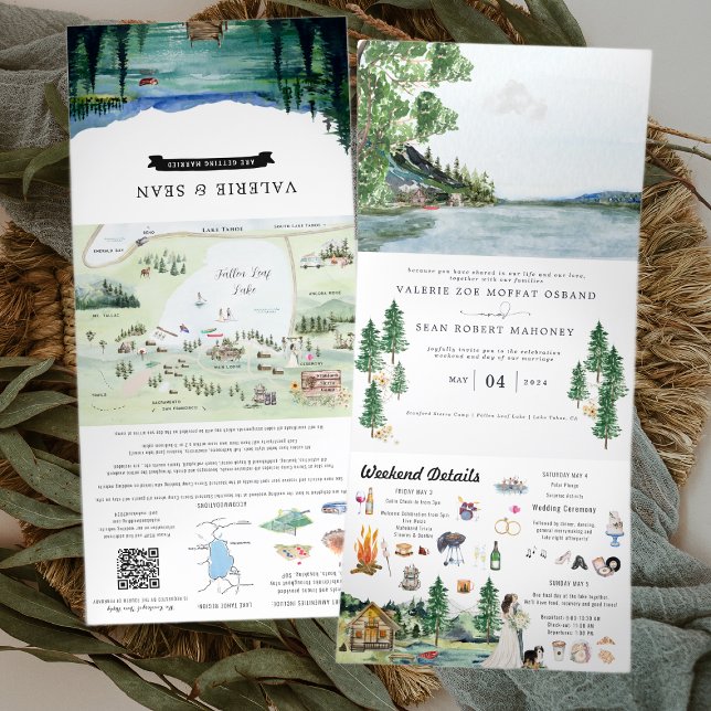 Invitation Trois Volets Station de camping Lakeside | Mariage illustré (Créateur téléchargé)